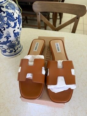 Steve Madden Hadyn Cognac Brown Slip-On Leather-Look Mules